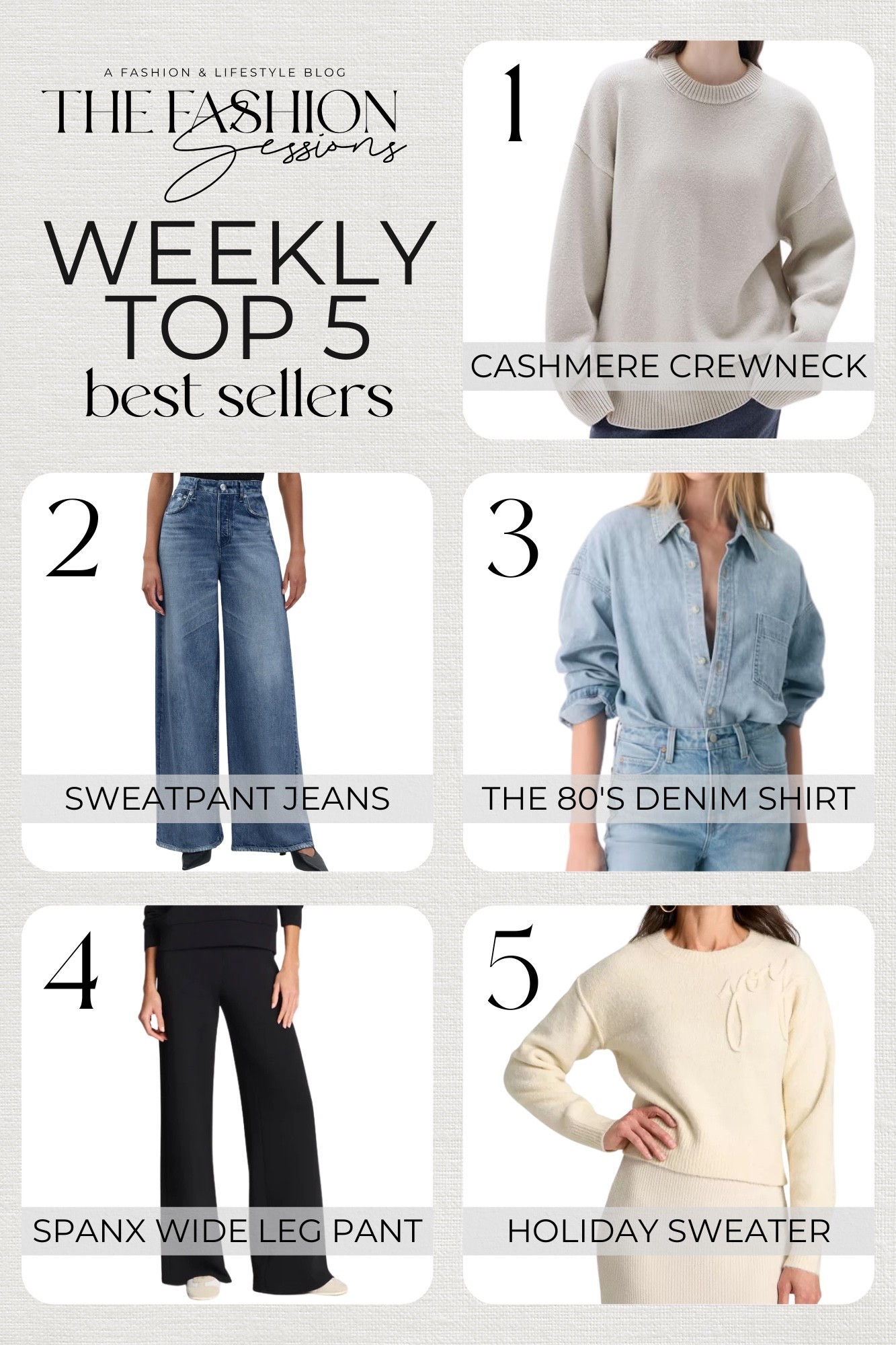 End of November most-loved!
1. SUUKSESS Women Cashmere Oversized Long Sleeve Pullover Sweater Crew Neck Jumpers
2. Miramar Sofie High Waist Ankle Wide Leg Terry Sweatpant Jeans
3. Aritzia The 80's Comfy Denim Shirt
4. SPANX AirEssentials® Wide Leg Pant
5. Universal Thread™ Holiday Crewneck Pullover Sweater

#LTKSeasonal #LTKFindsUnder100 #LTKOver40