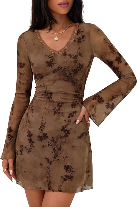 MEROKEETY Women's Fall Floral Mesh Long Sleeve Cocktail Club Short Dress | Amazon (US)