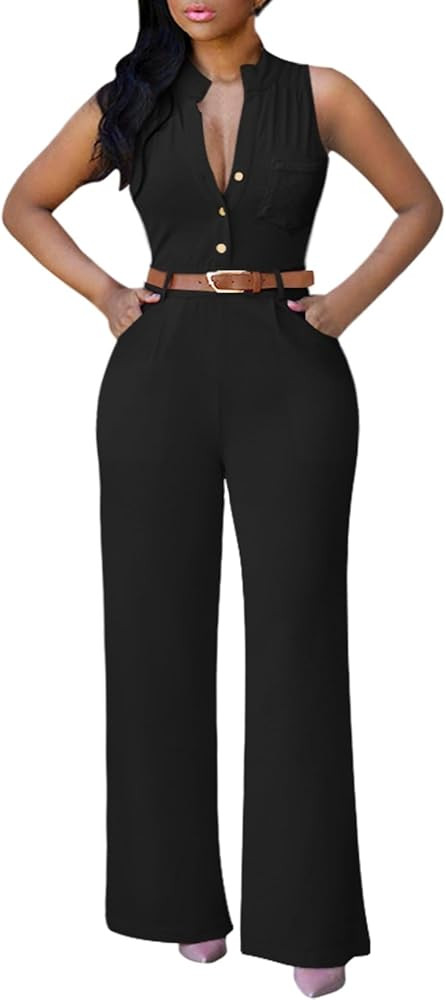 Pink Queen Jumpsuits for Women Dressy V Neck Sleeveless Wide Leg Long Pant Rompers Business Casua... | Amazon (US)