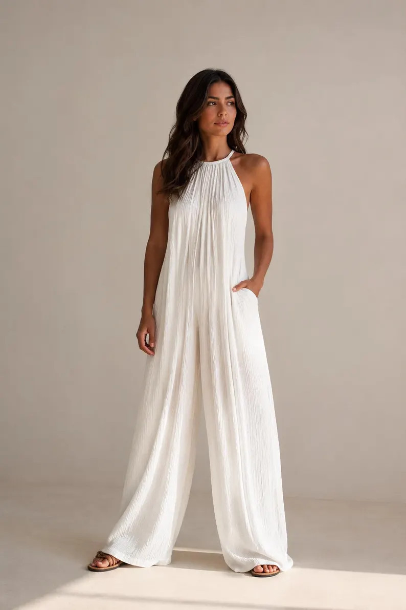 White Halter Jumpsuit for Women, Wide Leg Textured Jumpsuit with Pockets, Boho Minimalist Summer ... | Etsy (Global)