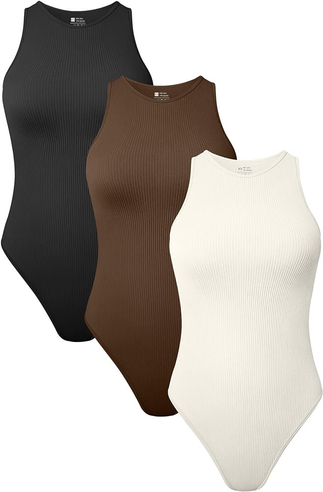 TOB Women's 3 Piece Bodysuits Sexy Ribbed Sleeveless Halter Neck Shapewear Bodysuits | Amazon (US)