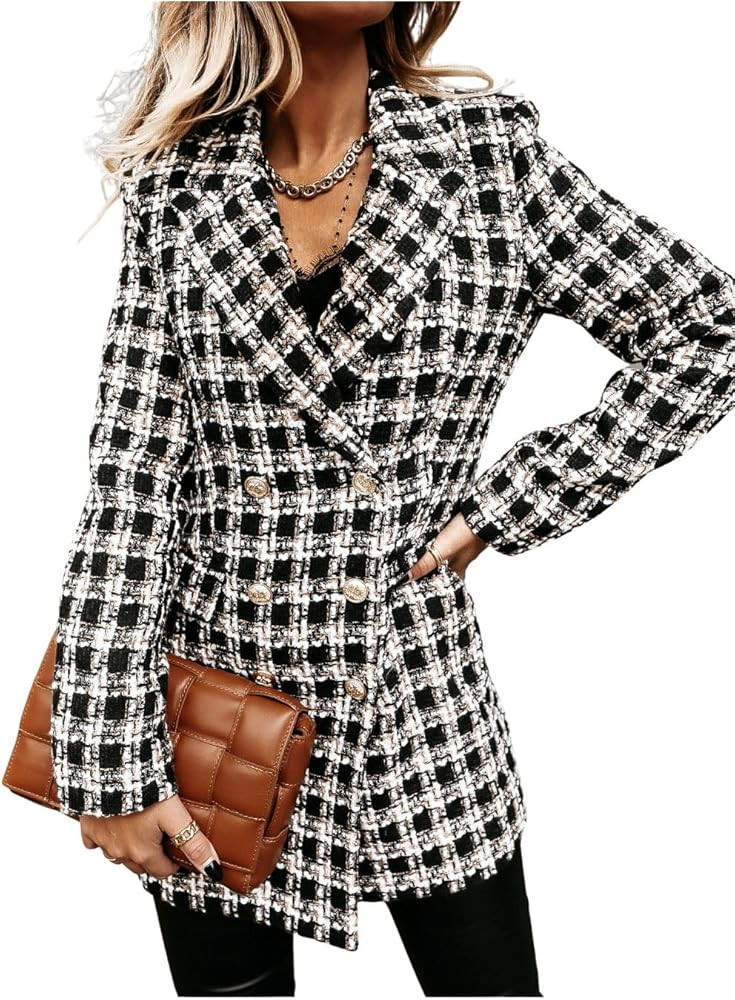utcoco Womens 2025 Fashion Tweed Blazers Business Casual Double Breasted Open Front Plaid Blazer ... | Amazon (US)