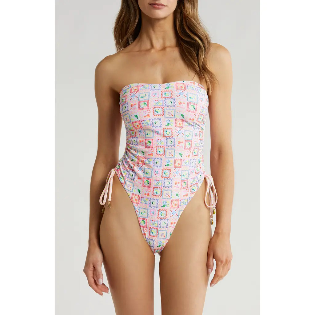 Kulani Kinis Strapless Cinched Tie One-Piece Swimsuit in Citron Coast at Nordstrom, Size Small | Nordstrom