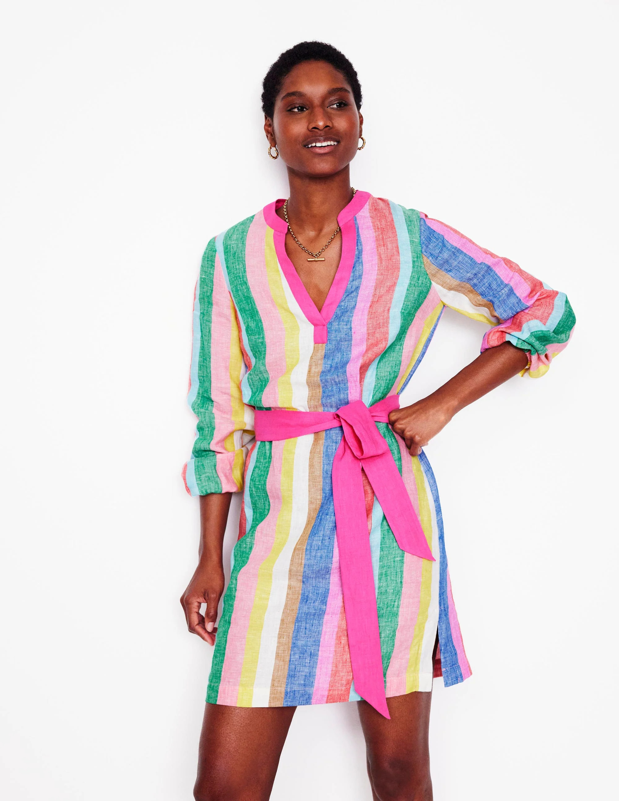 Cleo Linen Tie Waist Dress-Bright Rainbow Stripe | Boden (US)