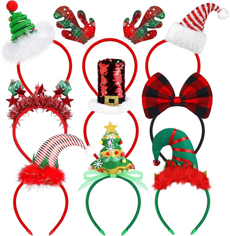 Elcoho 9 Pack Assortment Christmas Headbands Christmas Party Toys Hats Costume Reindeer Santa Hea... | Amazon (US)