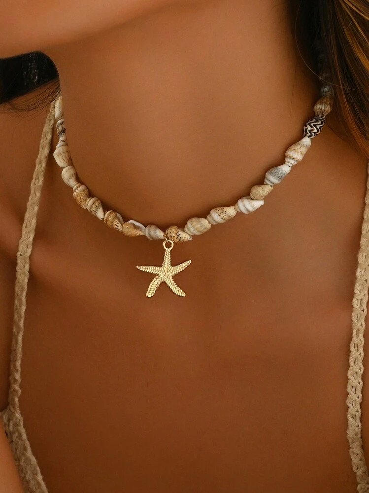 1pc Beach Style Natural Seashell Beaded Necklace With Handmade Tropical Starfish Pendant, Fashion Ocean Inspired Jewelry Choker For Women, Suitable For Vacation, Party And Daily Wear. The Natural Seashell Patterns Are Randomly Distributed. | SHEIN