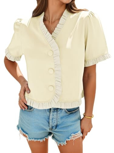 Tankaneo Womens Cropped Short Puff Sleeve Blouse Summer Ruffle V Neck Button Down Shirts Dressy Casual Work Tops Beige | Amazon (US)