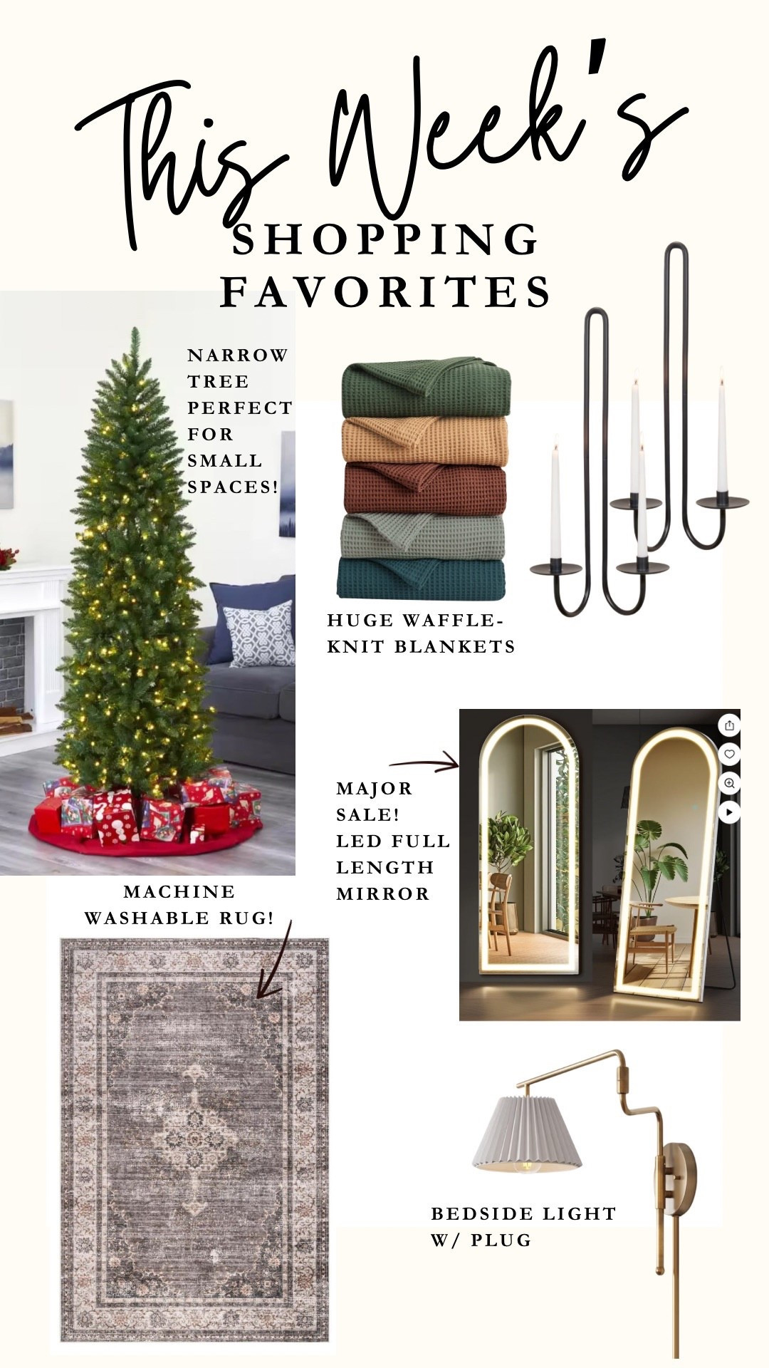 
Small-space holiday decorating finds ✨
Linked my narrow pre-lit Christmas tree (fits so well in smaller rooms), the waffle knit blanket we’ve been fighting over on the couch, our candle wall sconces, plug-in bedside lamps, and the LED full-length mirror that’s currently on major sale!
Cozy + practical pieces you’ll actually use 🤍
