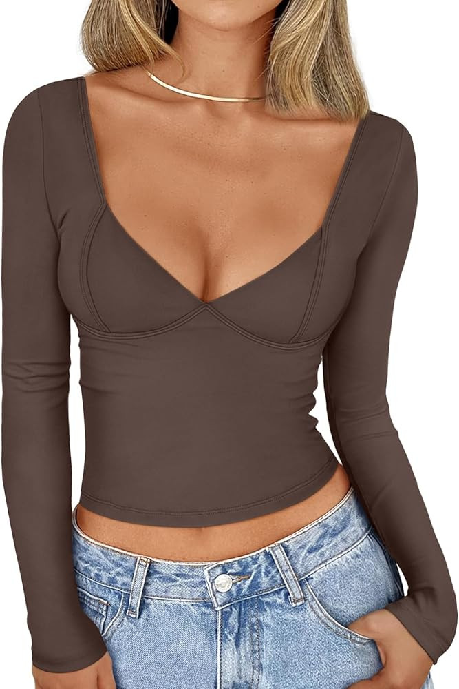 Trendy Queen Womens Long Sleeve Deep V-Neck Crop Tops Basic Y2K Going Out Tops Fall Outfits 2024 ... | Amazon (US)