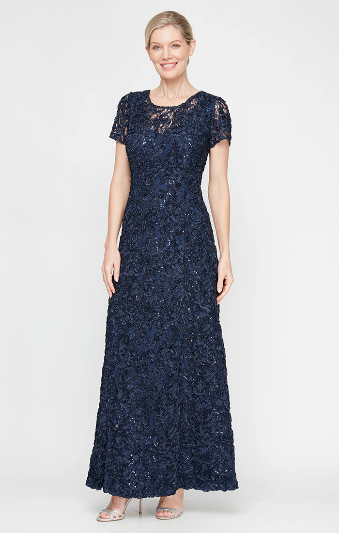 Petite Long Soutache A-Line Dress with Short Sleeves and Illusion Neckline | Alex Evenings