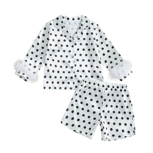 Kuriozud Toddler Girl Satin Silk Pajamas Feather Cuffs Button Down 2 Piece Pajama Set Kids Little Girls Pjs Nightgown Summer (Dot White, 18-24 Months) | Amazon (US)