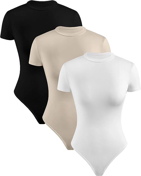 3 Pcs Women's Short Sleeve Bodysuits Round Neck Slim Fit Jumpsuit Basic Bodysuit Tops T-shirts | Amazon (US)