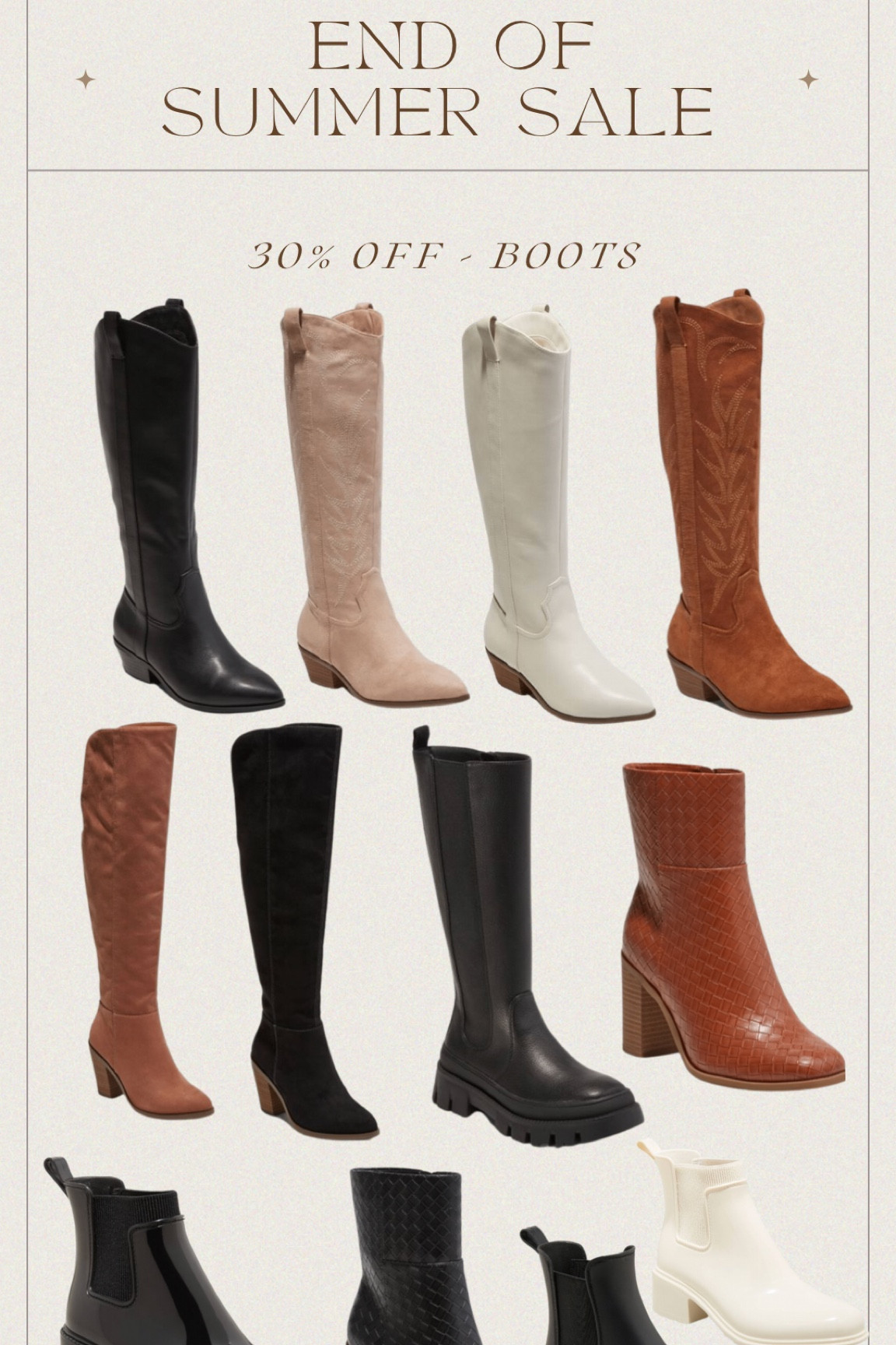 30% off Fall Boots/ Cognac Boots/ Black Boots/ Camel Boots/ White Boots 

#LTKunder50 #LTKshoecrush #LTKsalealert