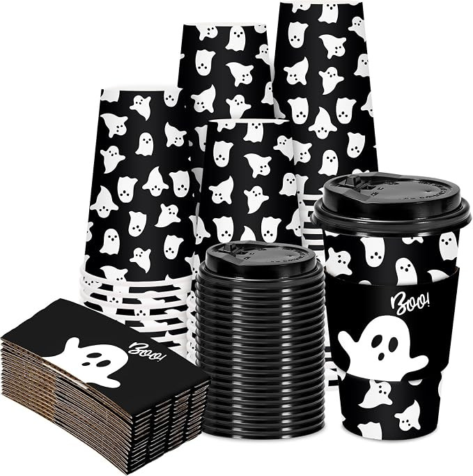 JarThenaAMCS 50 Sets Halloween Coffee Cups with Lids and Sleeves 16oz Coffee Ghost Paper Cups Dis... | Amazon (US)