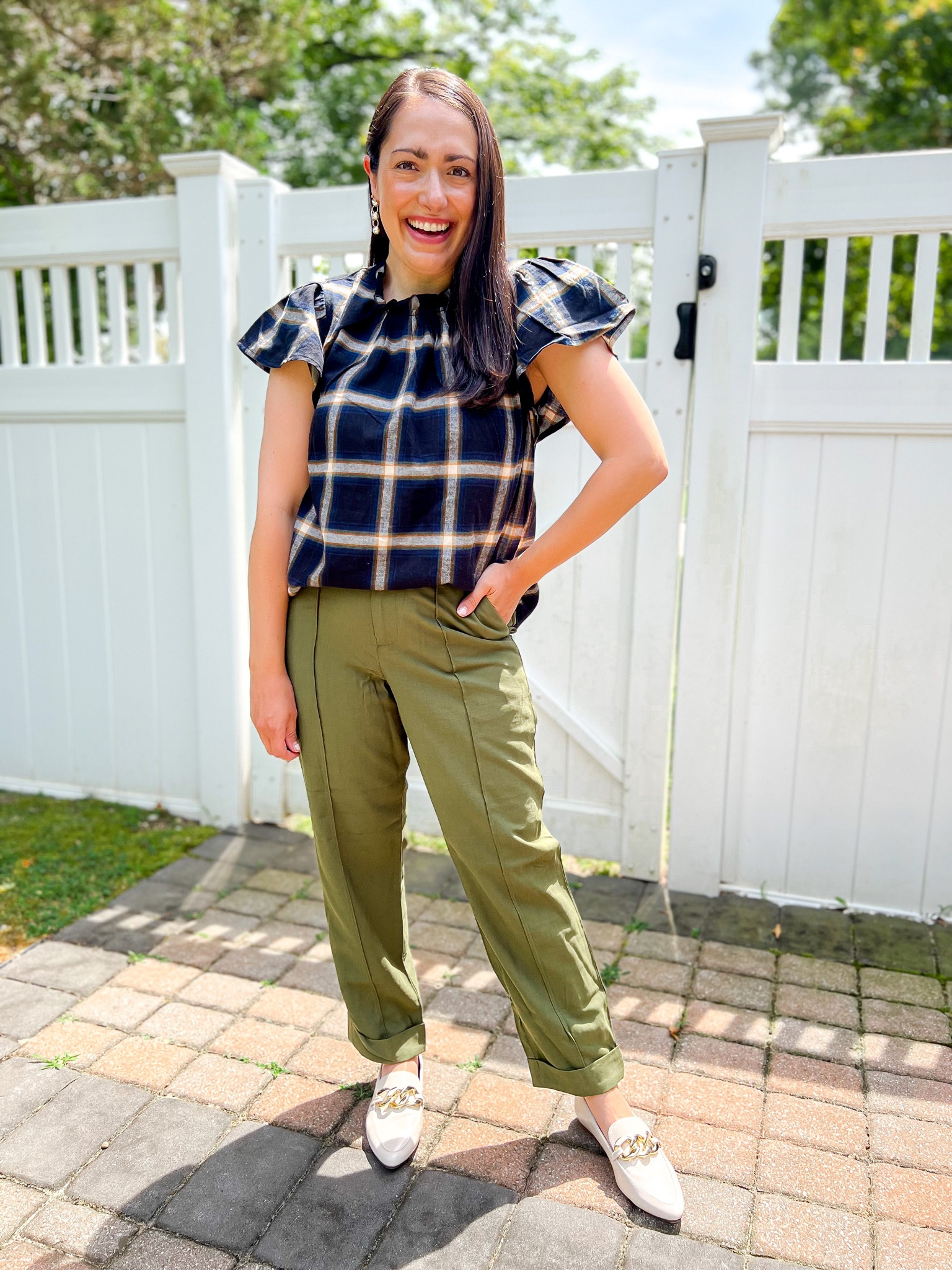 Teacher outfit, teacher style, workwear, wear to work, plaid top, Walmart top, time and tru, target green pants, chain flats 

S top
4 pants
Size up half flats

#LTKunder50 #LTKBacktoSchool #LTKstyletip