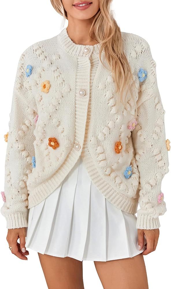 Women Fashion Crochet Cardigan Handmade Sweater Button Down 3D Flower Long Sleeve Fall Casual Sof... | Amazon (US)