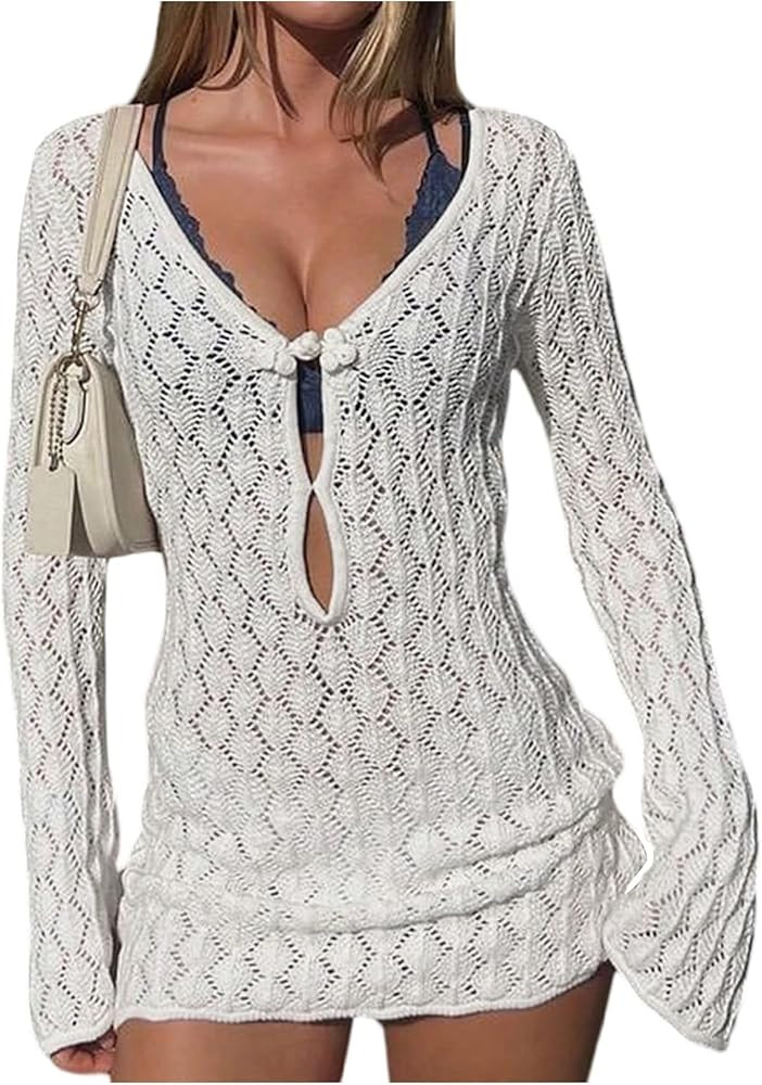 MakeMeChic Women's Summer Crochet Mini Dress Long Sleeve Swimsuit Beach Cover Up | Amazon (US)