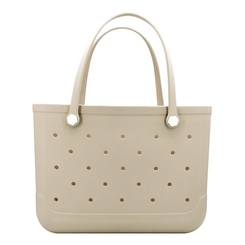 CXY Rubber Beach Bag, Waterproof Travel Tote bag for Women Outdoor Summer Beach Tote Washable Bag Open Handbag for Daily (04 khaki cream, Small) | Amazon (US)