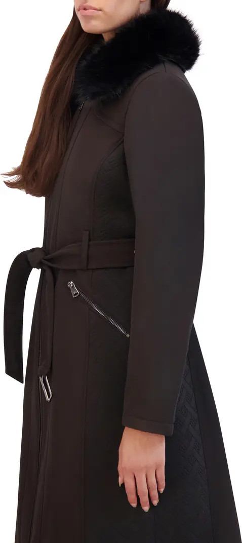Kenneth Cole New York Belted Softshell Longline Coat with Faux Fur Trim | Nordstromrack | Nordstrom Rack