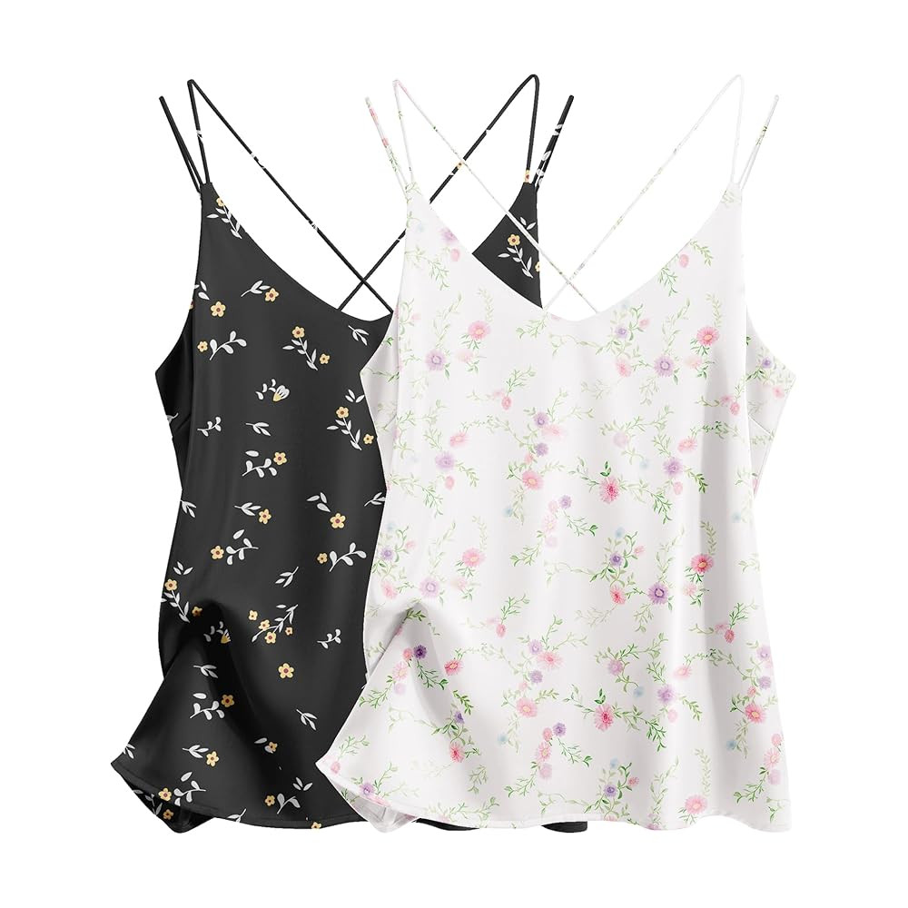 Ekouaer Womens Silk Satin Camisole Tank Tops V Neck Spaghetti Strap Blouses Cross Back Sleeveless... | Amazon (US)