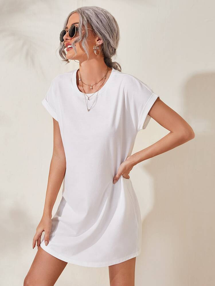 SHEIN Rolled Cuff Solid Tee Dress | SHEIN