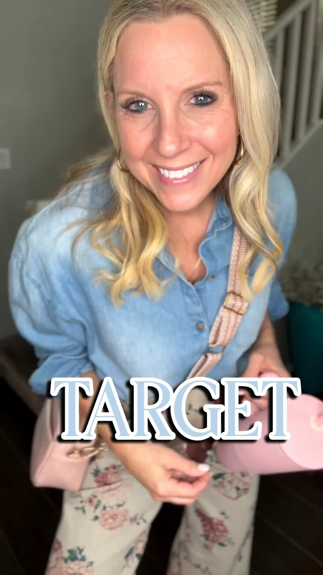 Styling the Target floral jeans w/denim & pink….what do you think?

Wearing a S in this oversized chambray button down, 6 in floral jeans (sized up x1), and 7 in pink jellys.