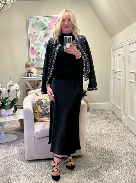 The prettiest black leather jacket with gold grommets.
Leather jacket, leather blazer , black skirt, 


#LTKstyletip #LTKover40 #LTKshoecrush