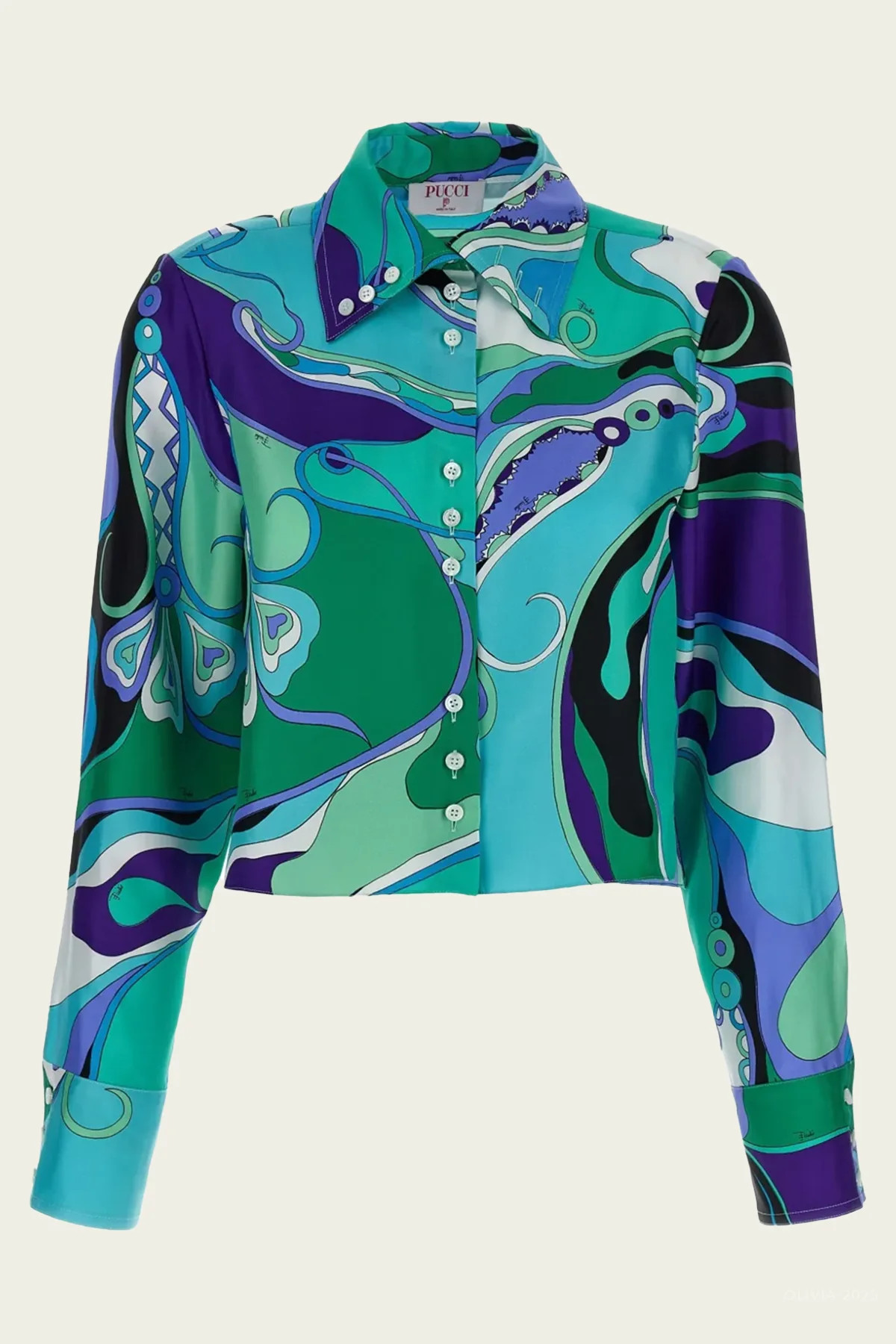Orchidee-Print Long-Sleeve Silk Shirt in Verde Lilla | Shop Olivia
