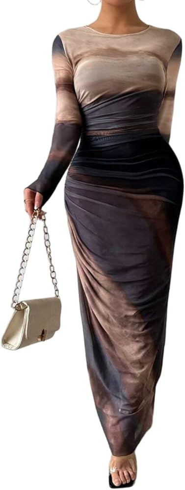 Women's Printed Bodycon Maxi Dress Long Sleeve Tie Dye Mesh Layered Dress | Amazon (US)