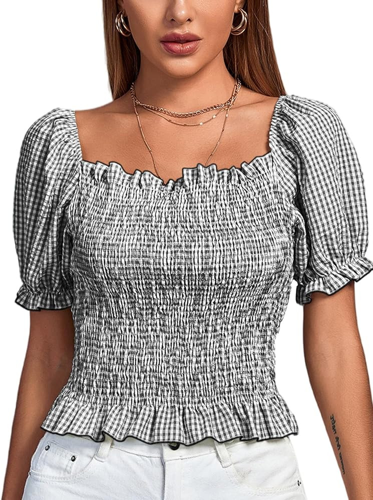 LYANER Women's Ruffle Peplum Smock Gingham Crop Top Square Neck Puff Short Sleeve Blouse Shirt | Amazon (US)