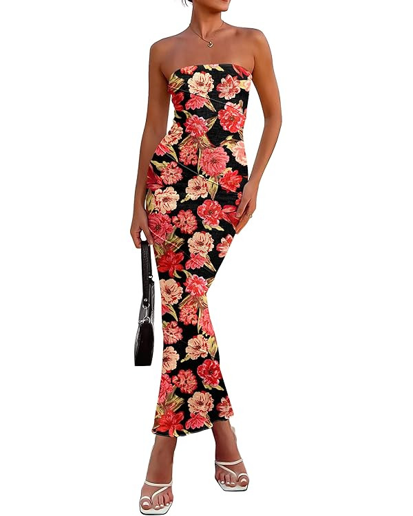 PRETTYGARDEN Women's 2025 Summer Floral Bodycon Maxi Dresses Ribbed Strapless Tube Casual Boho Pa... | Amazon (US)