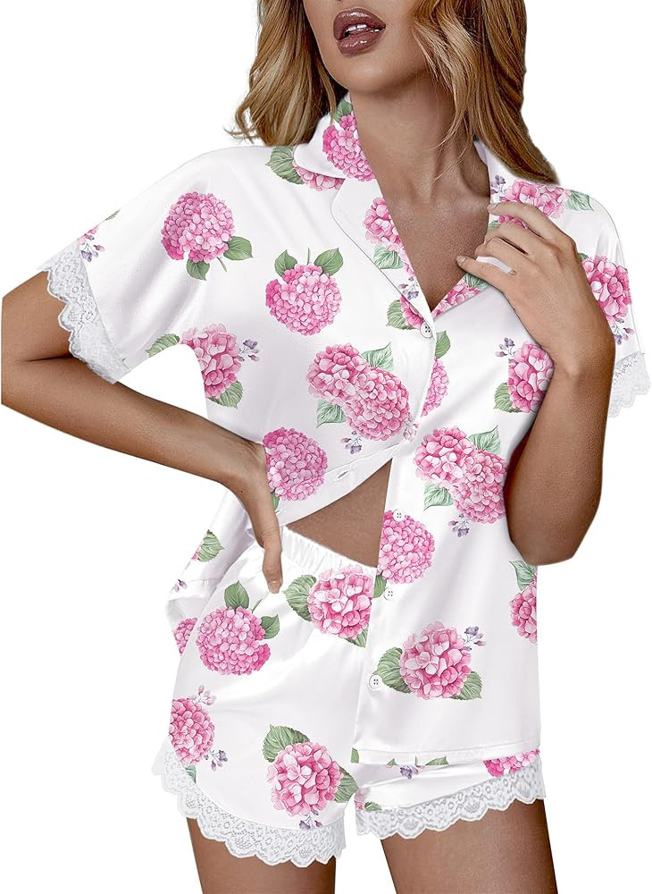 Ekouaer Womens Lace Satin Pajama Set Button Down Pj Shorts Set Bridesmaids Getting Ready Outfits ... | Amazon (US)