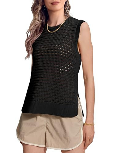 SuperPrity Women's Sweater Vest Sleeveless Crochet Sheer Knit Sweater Tank Casual See Through Crewneck Sweater -M,Black | Amazon (US)