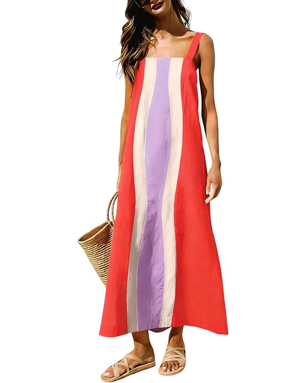 Ailoqing 2026 Women Boho Floral Dress Summer Casual Color Block Maxi Beach Vocation Overall Dress... | Amazon (US)