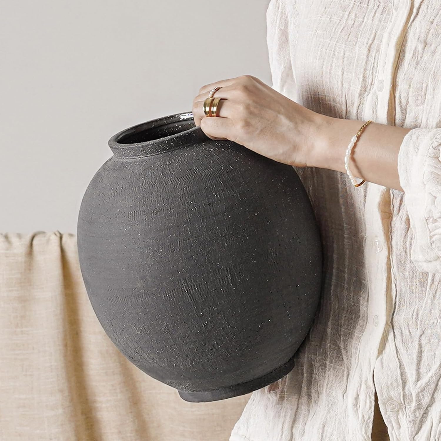 Large Blak Ceramic Vase - 9.8 Inch Rustic Farmhouse Flower Vase for Home Decor, Minimalist Tall Vases for Living Room, Table, Bathroom, Holiday & Weddings,Sandstone Dark Grey | Amazon (US)