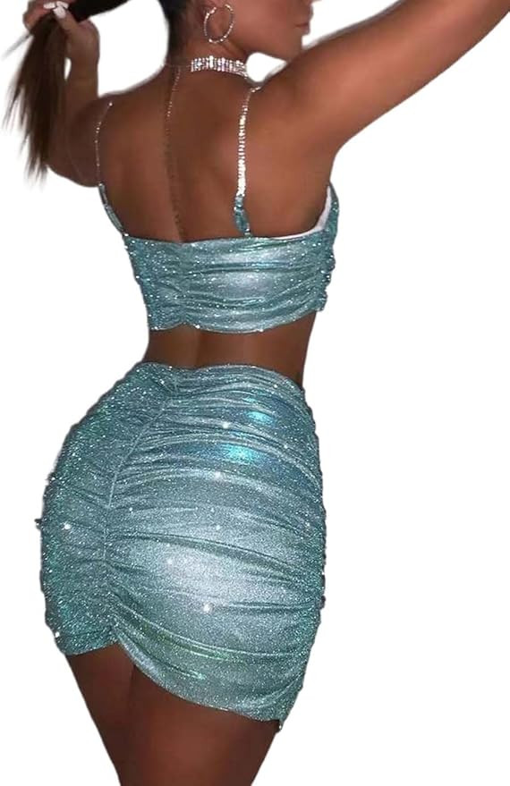 EVILD 2 Pieces Ruched Mini Dress Rhinestone Strap Sexy Tank Glitter Bodycon Dress Cami Dress Part... | Amazon (US)