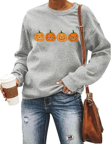 Teyseev Halloween Sweatshirt for Women Pumpkin Face Long Sleeve Pullover Fall Jack-O-Lantern Graphic Sweater Top Grey | Amazon (US)