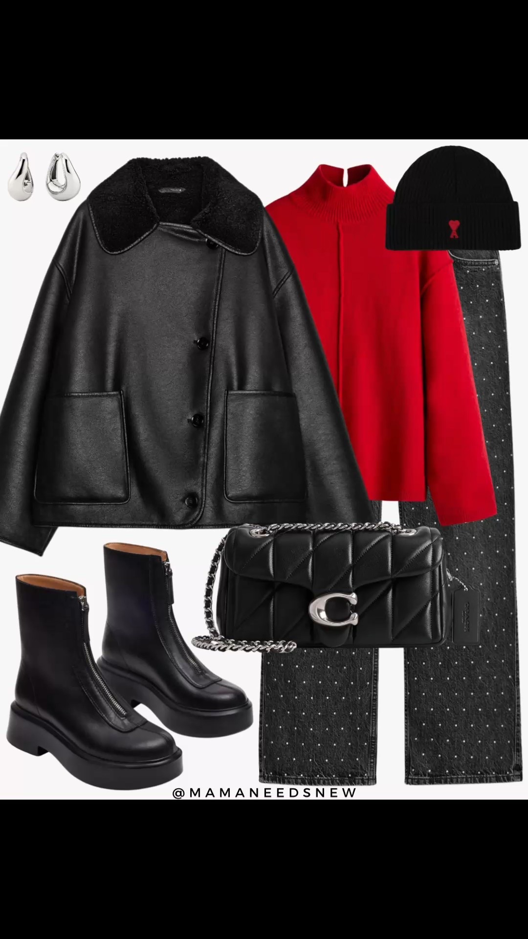 A festive winter outfit with a leather jacket, turtleneck sweater, embellished jeans, ankle boots, shoulder bag , beanie hat to wear this holiday season ❤️

#LTKSaleAlert #LTKootd #LTKHoliday