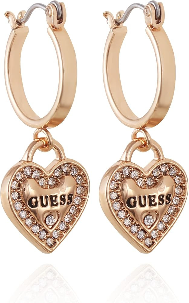 GUESS Goldtone Logo Heart Dangle Charm Hoop Earrings | Amazon (US)