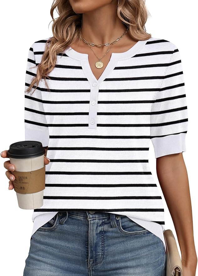 Zeagoo Women's Short Sleeve Sweater 2026 Spring Summer Tops Lightweight Casual V Neck Sweaters Dr... | Amazon (US)