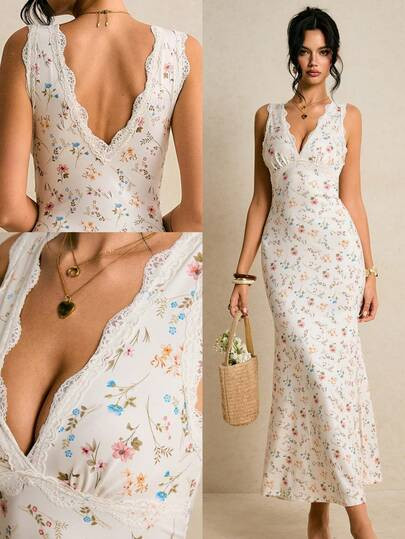 Poéselle Women's Ditsy Floral Contrast Lace V-Neck Sleeveless Fitted Mermaid Hem Elegant Dress,F... | SHEIN