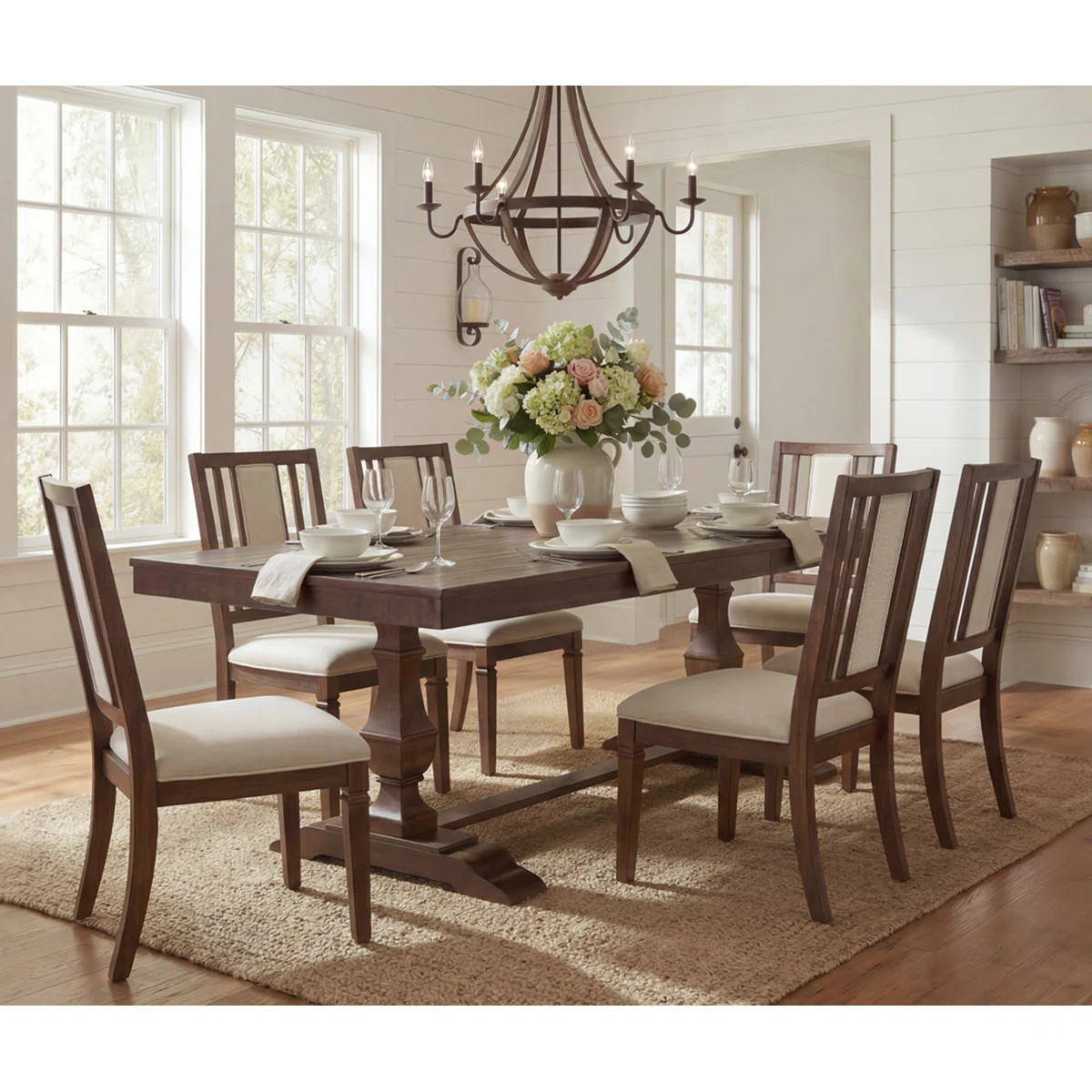 Farmhouse Dining Table Set, Rustic Solid Wood Dining Table With 6 Upholstered Chairs, Antique Tra... | Wayfair North America