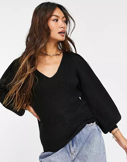 Y.A.S. Veneda volume sleeve v neck sweater in black | ASOS | ASOS (Global)