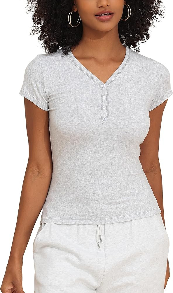 PrettyGuide Womens Short Sleeve Cotton Jersey Tops V Neck Henley T Shirts Slim Fit Casual Summer ... | Amazon (US)