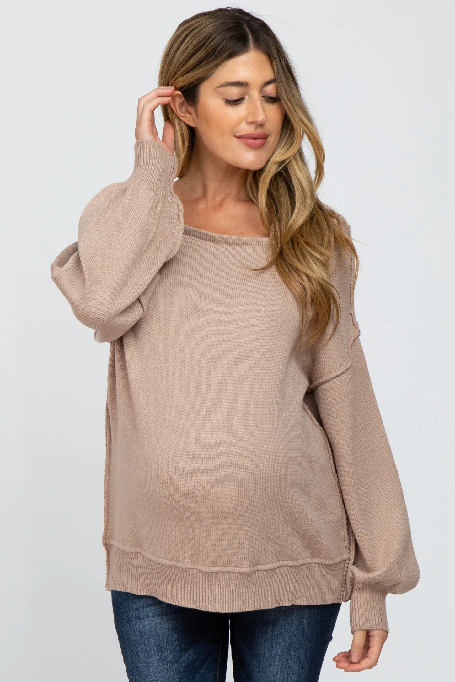 Camel Boat Neck Bubble Sleeve Maternity Sweater | PinkBlush Maternity