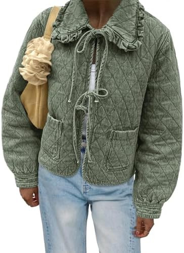 Tankaneo Womens Quilted Denim Puffer Jackets Tie Front Bow Cropped Puffy Jackets Fall Cute Short ... | Amazon (US)