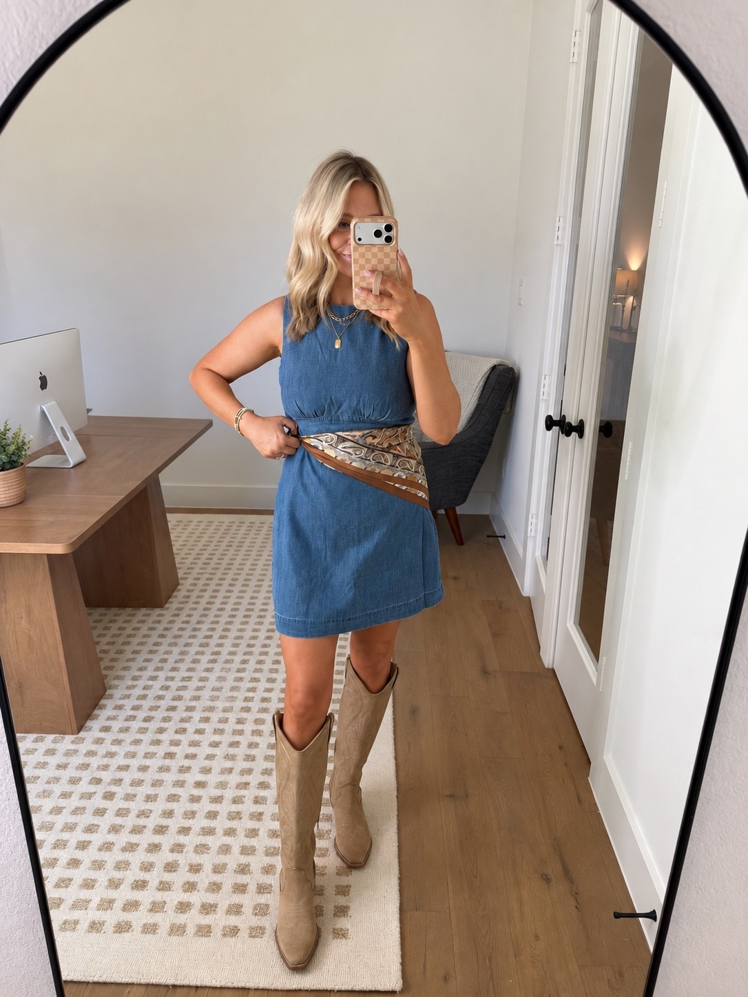 Mini denim dress + knee high cowboy boots for fall! One of my favorite pre fall outfits!

#LTKootd