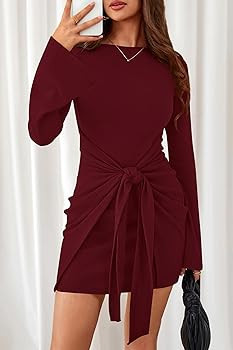 dowerme Women's Casual Mini Dress 2025 Bell Long Sleeve Boat Neck Tie Waist Bodycon Dresses Knitt... | Amazon (US)