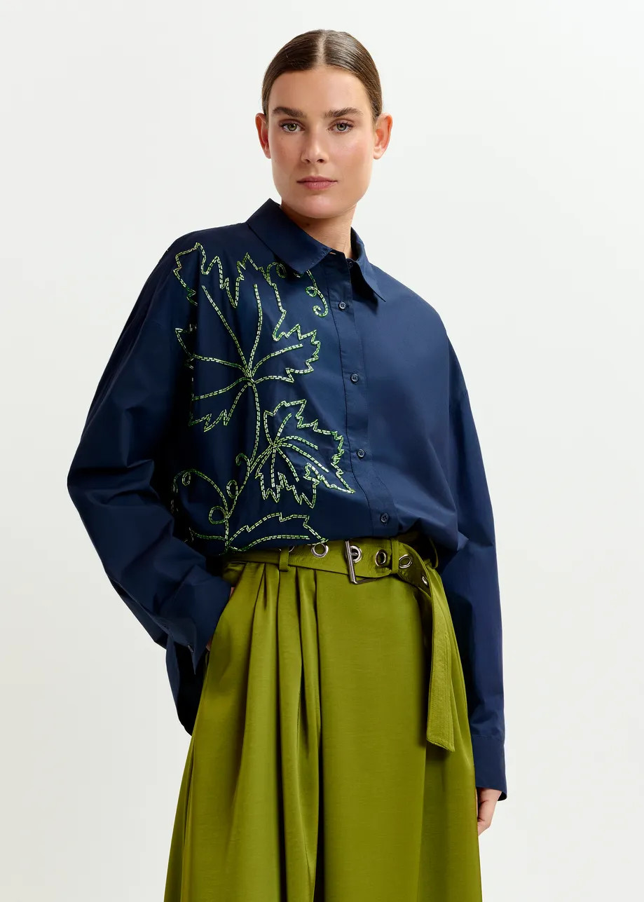 Navy oversized cotton shirt with bead embellished embroideries | Essentiel Antwerp United States | Essentiel Antwerp