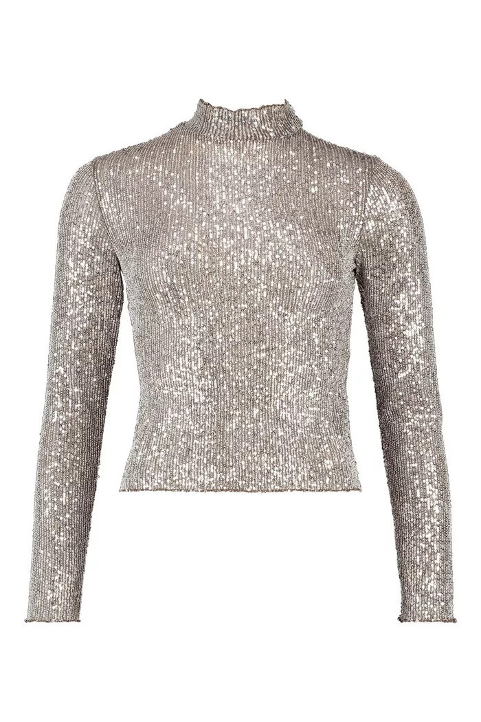 Sequin High Neck Long Sleeved Top | boohoo (US & Canada)